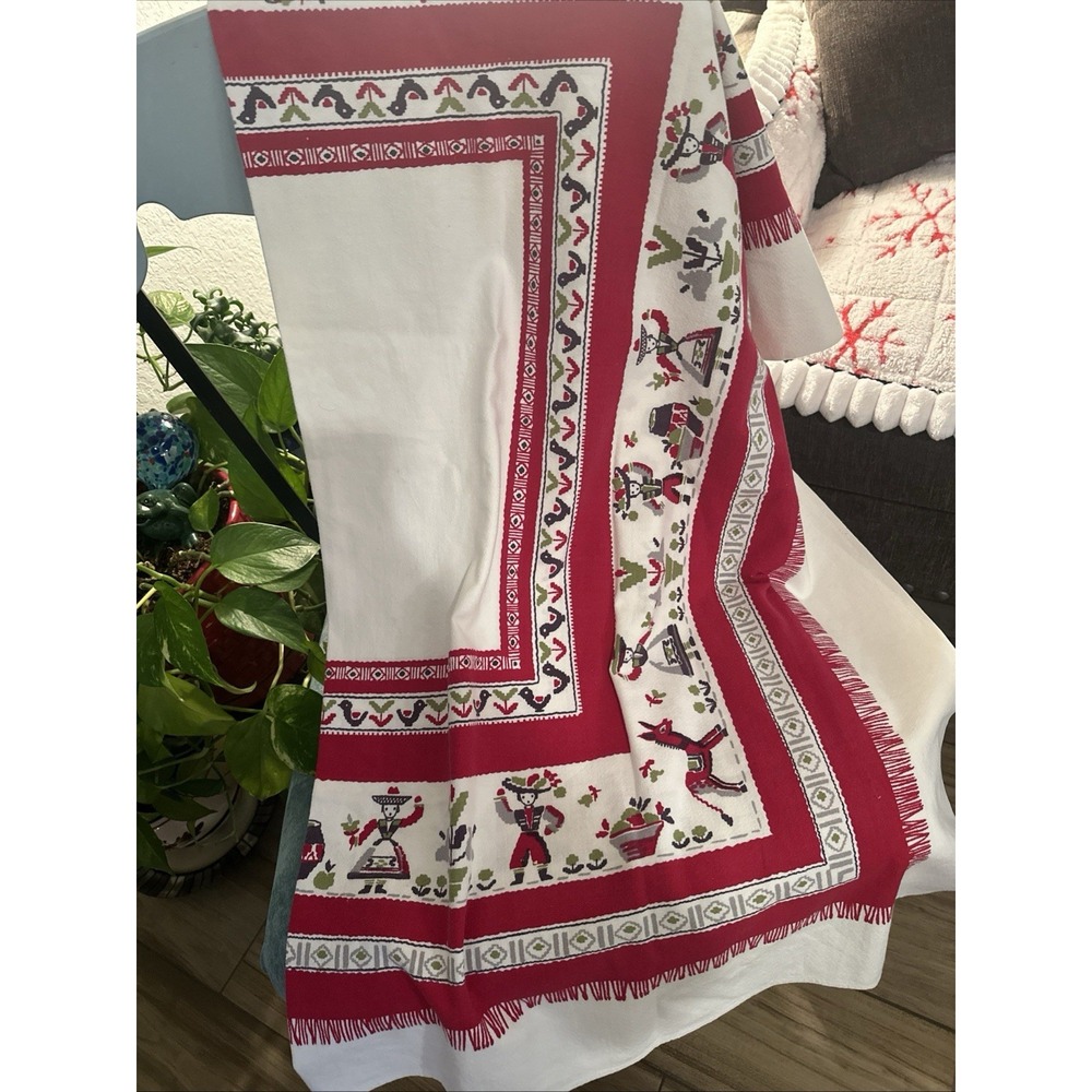 Beautiful  1960's Style Folk Art Red-green Cotton Tablecloth 52x46